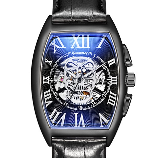 Fashion Skull Mechancial Watch Tonneu Men Creative Hollow Skeleton Automatic Self Winding Mechanical Wristwatch Steampunk Clock