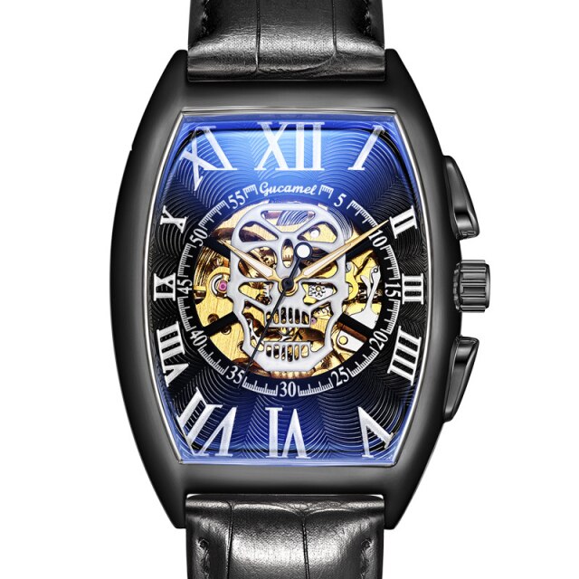 Fashion Skull Mechancial Watch Tonneu Men Creative Hollow Skeleton Automatic Self Winding Mechanical Wristwatch Steampunk Clock