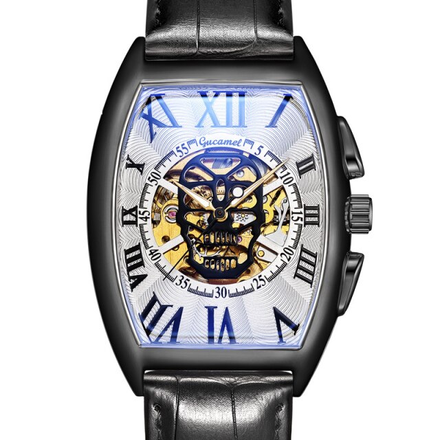 Fashion Skull Mechancial Watch Tonneu Men Creative Hollow Skeleton Automatic Self Winding Mechanical Wristwatch Steampunk Clock