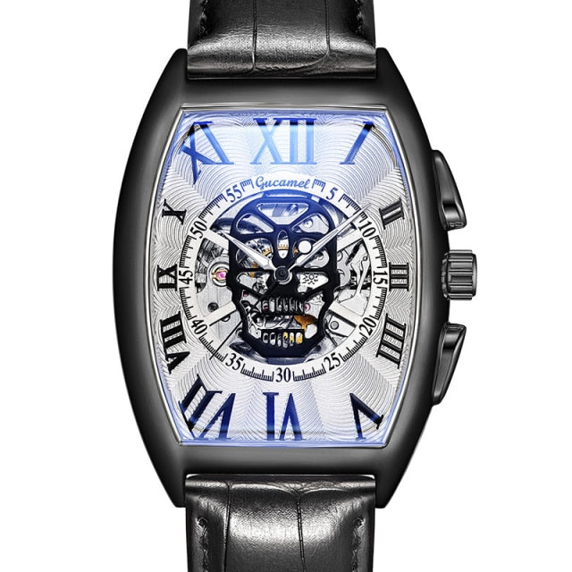 Fashion Skull Mechancial Watch Tonneu Men Creative Hollow Skeleton Automatic Self Winding Mechanical Wristwatch Steampunk Clock