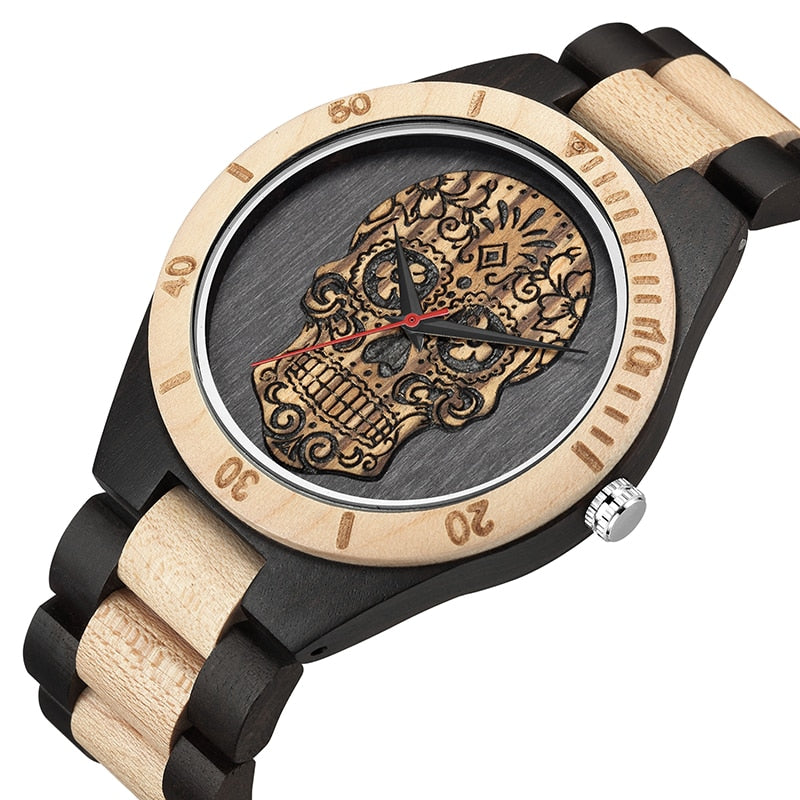 Punk Skull Quartz Movement Men Wristwatch Wooden Strap Dial with Animal Print Business Fashion Watch Gift High Quality 2021 New