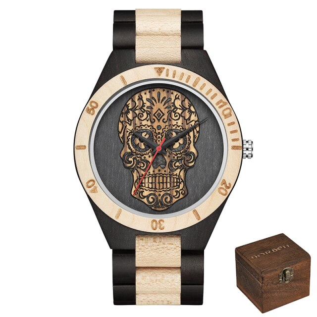 Punk Skull Quartz Movement Men Wristwatch Wooden Strap Dial with Animal Print Business Fashion Watch Gift High Quality 2021 New