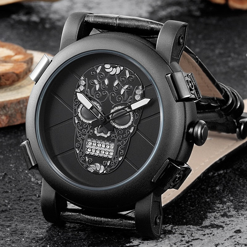 Creative 3D Skull Watch Luxury Brand Quartz Mens Watch Steam Punk Skeleton Clock Leather Band Sports Reloj Military Men Watches