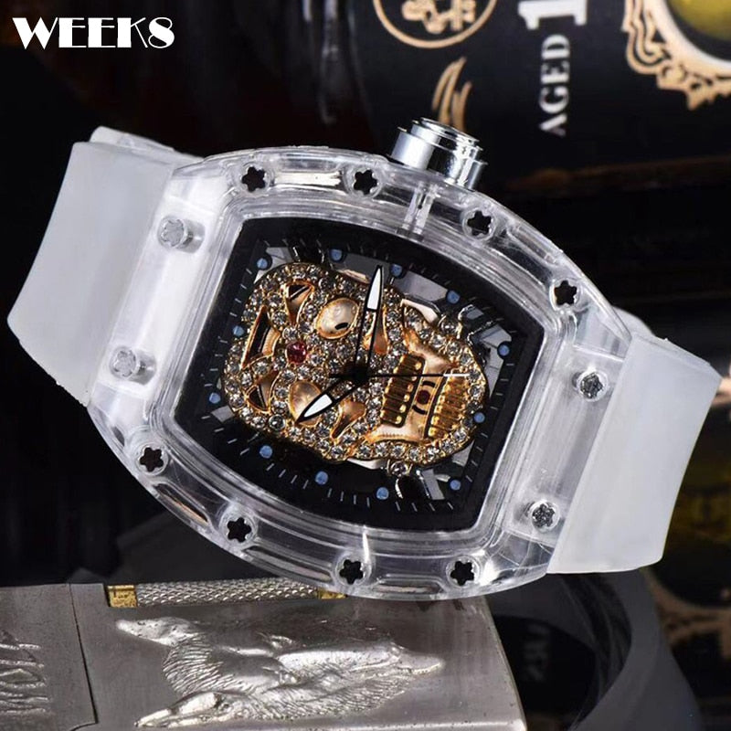 Luxury Skull Head Watch for Men White Silicone Band Sports Diamond Rhinestone Hip Hop Gold Clock Watches Male relogio masculino