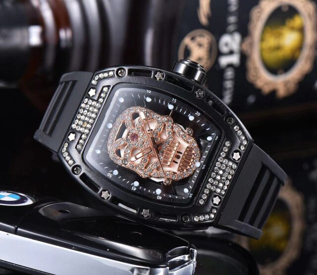 Luxury Skull Head Watch for Men White Silicone Band Sports Diamond Rhinestone Hip Hop Gold Clock Watches Male relogio masculino