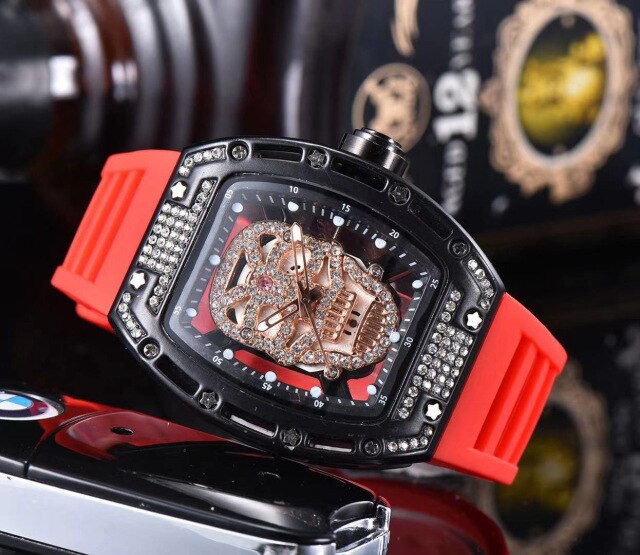 Luxury Skull Head Watch for Men White Silicone Band Sports Diamond Rhinestone Hip Hop Gold Clock Watches Male relogio masculino