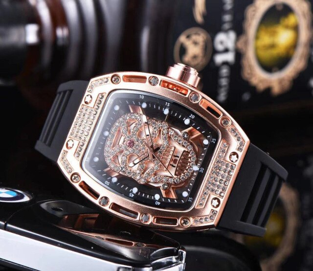 Luxury Skull Head Watch for Men White Silicone Band Sports Diamond Rhinestone Hip Hop Gold Clock Watches Male relogio masculino