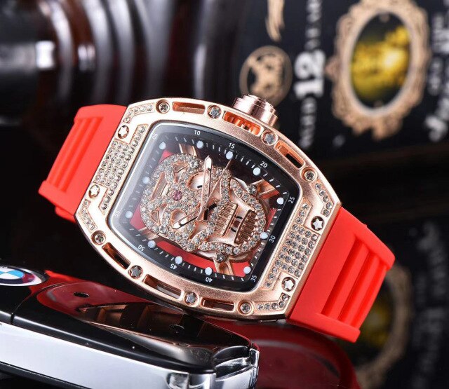 Luxury Skull Head Watch for Men White Silicone Band Sports Diamond Rhinestone Hip Hop Gold Clock Watches Male relogio masculino