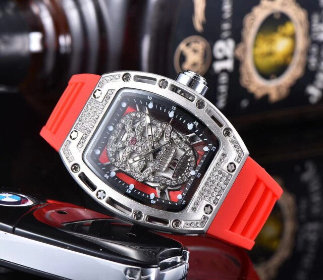 Luxury Skull Head Watch for Men White Silicone Band Sports Diamond Rhinestone Hip Hop Gold Clock Watches Male relogio masculino