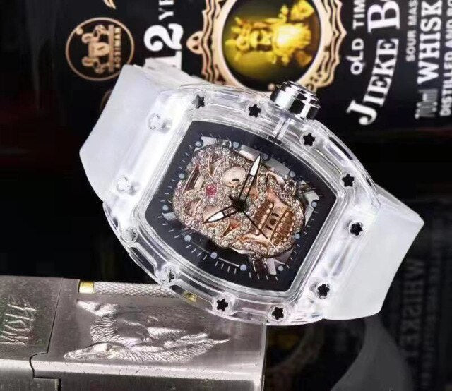 Luxury Skull Head Watch for Men White Silicone Band Sports Diamond Rhinestone Hip Hop Gold Clock Watches Male relogio masculino