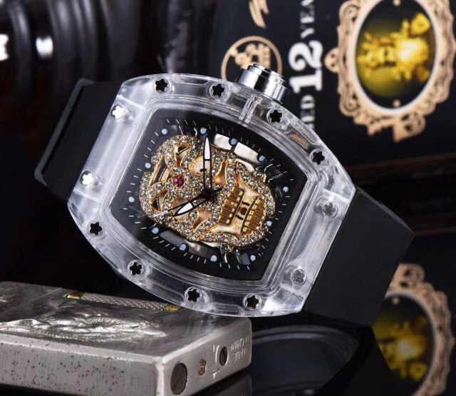 Luxury Skull Head Watch for Men White Silicone Band Sports Diamond Rhinestone Hip Hop Gold Clock Watches Male relogio masculino