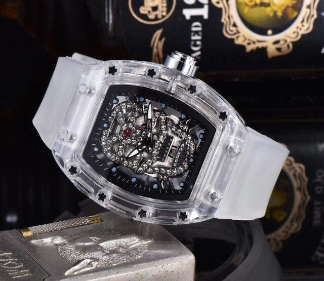 Luxury Skull Head Watch for Men White Silicone Band Sports Diamond Rhinestone Hip Hop Gold Clock Watches Male relogio masculino