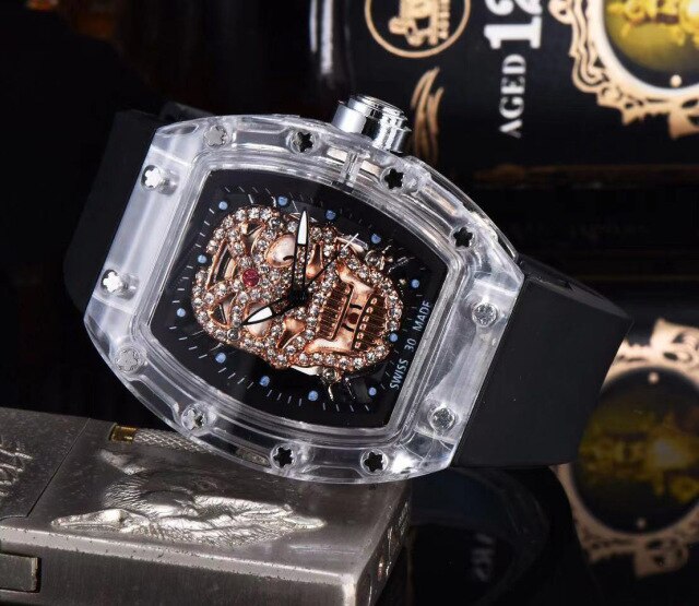 Luxury Skull Head Watch for Men White Silicone Band Sports Diamond Rhinestone Hip Hop Gold Clock Watches Male relogio masculino