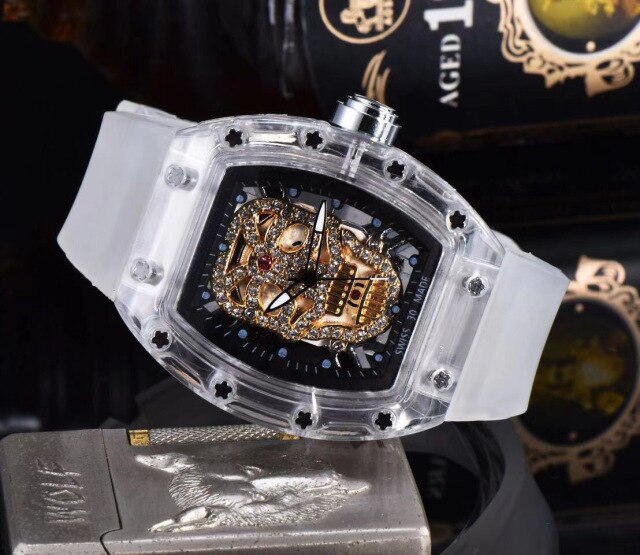 Luxury Skull Head Watch for Men White Silicone Band Sports Diamond Rhinestone Hip Hop Gold Clock Watches Male relogio masculino