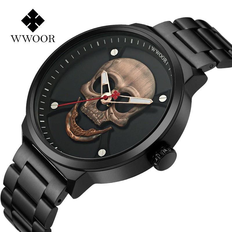 Reloj Hombre Men Fashion Skull Watch Creative Cool Stainless Steel Quartz Wrist Watch Luxury Rose Gold Waterproof Men Watch 2021