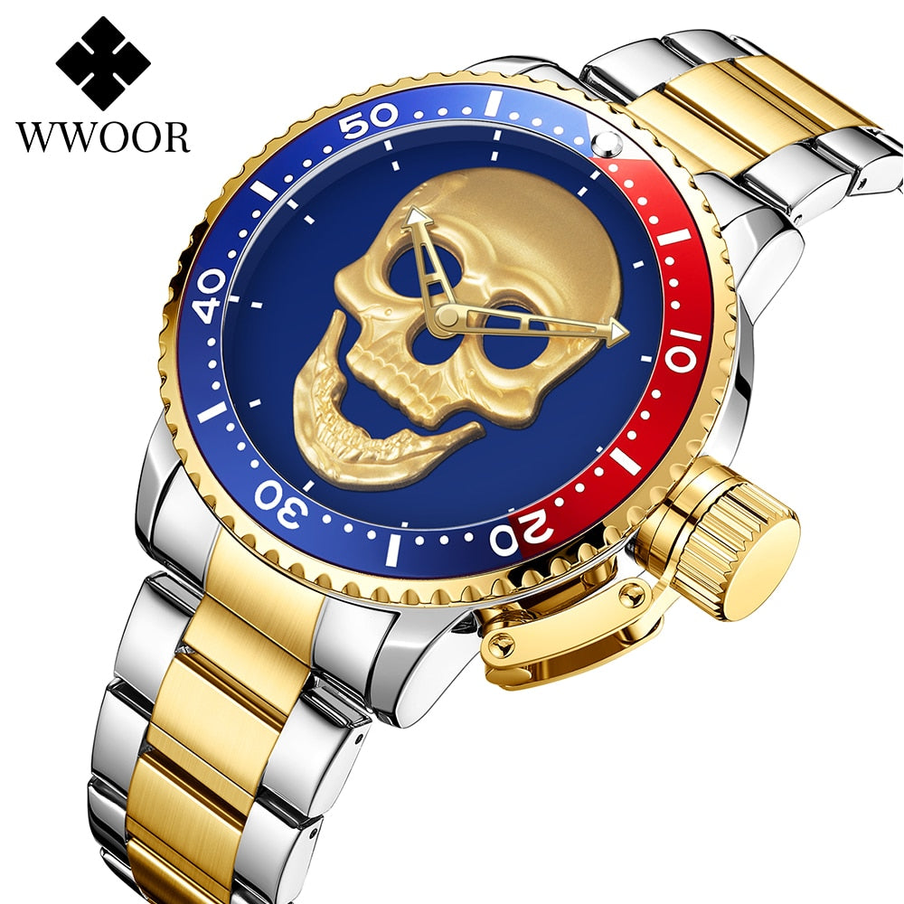 WWOOR Fashion 3D Gold Skull Watches Mens Top Brand Luxury Waterproof Stainless steel Man Watch Creative Clocks Relogio Masculino