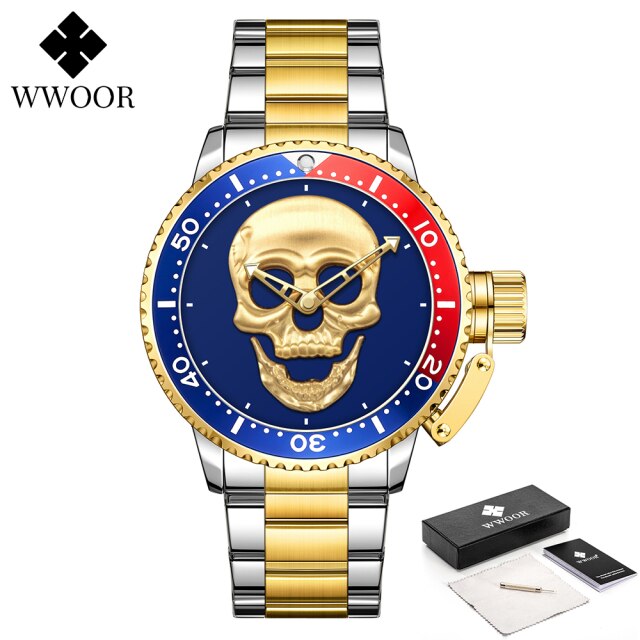 WWOOR Fashion 3D Gold Skull Watches Mens Top Brand Luxury Waterproof Stainless steel Man Watch Creative Clocks Relogio Masculino