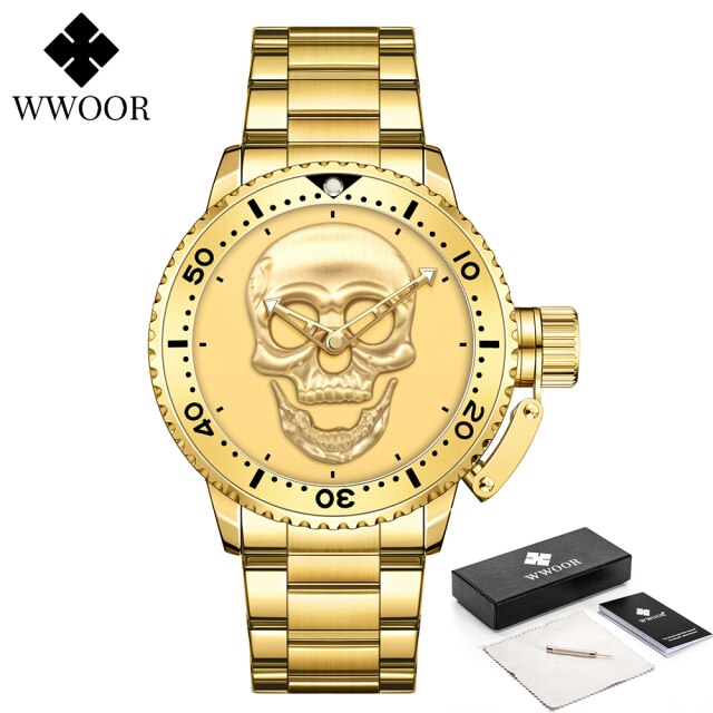 WWOOR Fashion 3D Gold Skull Watches Mens Top Brand Luxury Waterproof Stainless steel Man Watch Creative Clocks Relogio Masculino