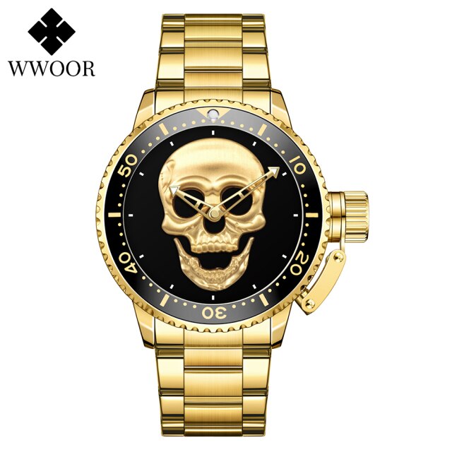 WWOOR Fashion 3D Gold Skull Watches Mens Top Brand Luxury Waterproof Stainless steel Man Watch Creative Clocks Relogio Masculino