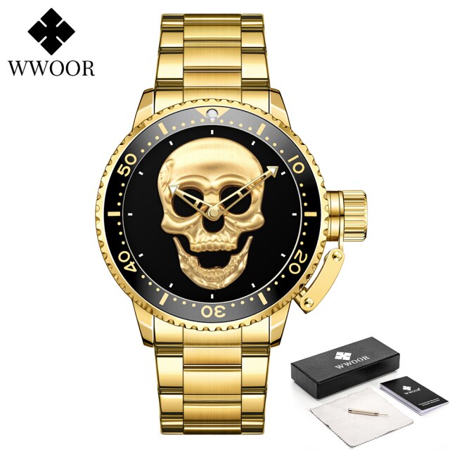 WWOOR Fashion 3D Gold Skull Watches Mens Top Brand Luxury Waterproof Stainless steel Man Watch Creative Clocks Relogio Masculino