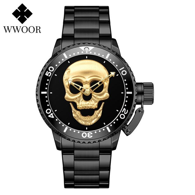 WWOOR Fashion 3D Gold Skull Watches Mens Top Brand Luxury Waterproof Stainless steel Man Watch Creative Clocks Relogio Masculino