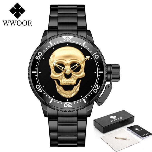 WWOOR Fashion 3D Gold Skull Watches Mens Top Brand Luxury Waterproof Stainless steel Man Watch Creative Clocks Relogio Masculino