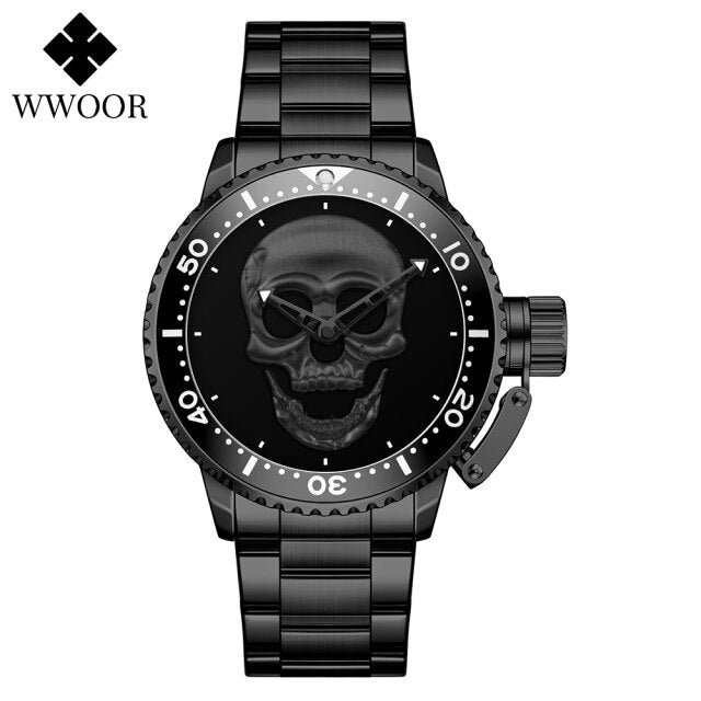 WWOOR Fashion 3D Gold Skull Watches Mens Top Brand Luxury Waterproof Stainless steel Man Watch Creative Clocks Relogio Masculino