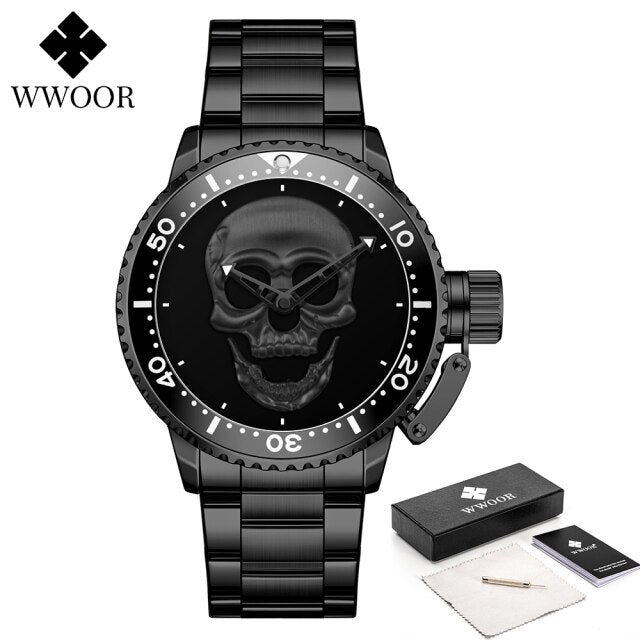 WWOOR Fashion 3D Gold Skull Watches Mens Top Brand Luxury Waterproof Stainless steel Man Watch Creative Clocks Relogio Masculino