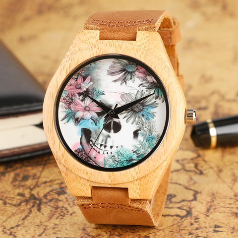 Fashion Wood Watch Skull and Flower Deisgn Wrist Watch Special Handmade Natural Bamboo Quartz Watch Men Women Gift