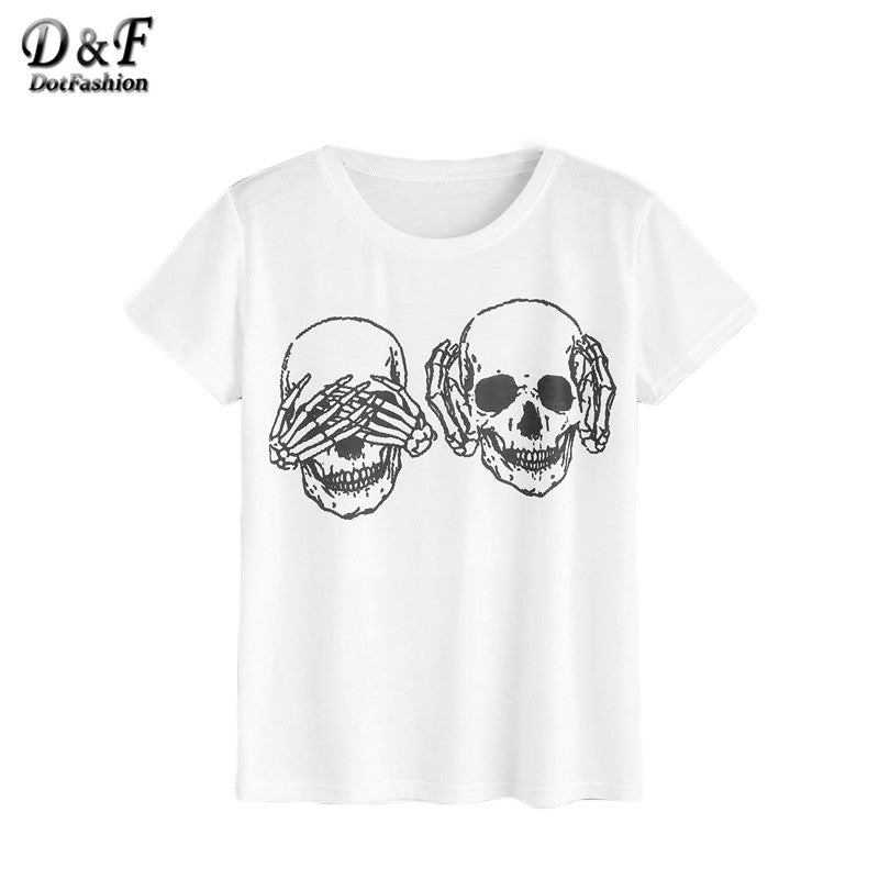 Dotfashion Skull Print T-shirt Women White Short Sleeve Casual Brief Cute Summer Tops 2017 New Fashion O Neck Basic T-shirt