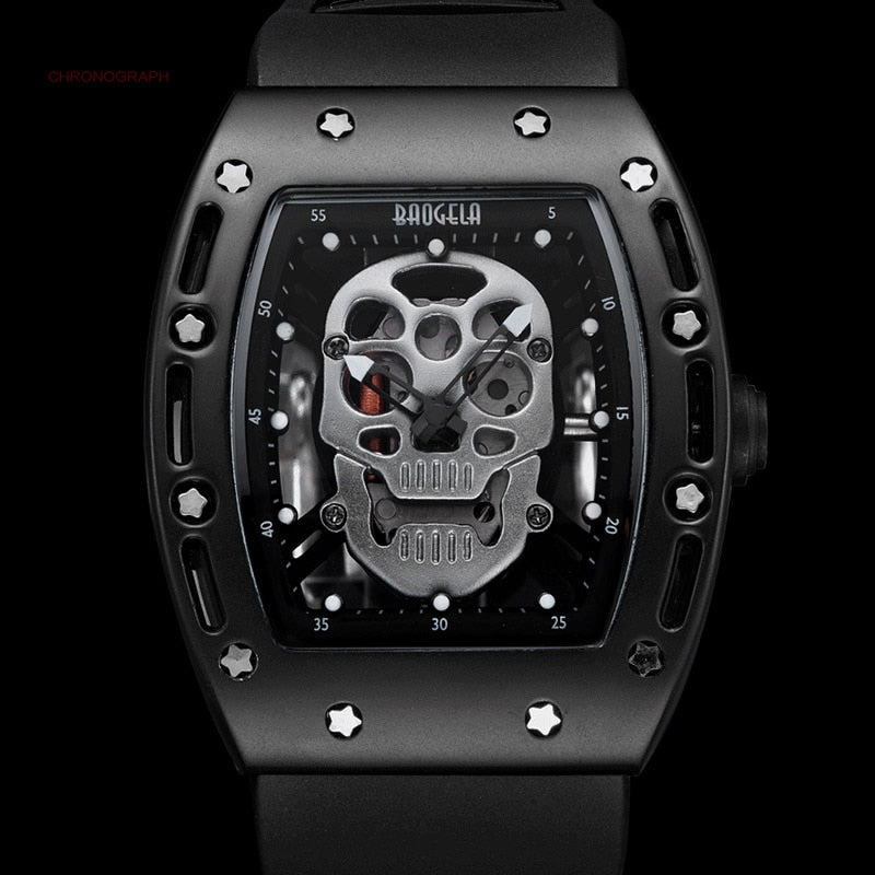 Mens Watch Luminous Black Silicone Strap Army Skull Rectangle Dial Face with Stars Quartz Watches BGL1612G-2