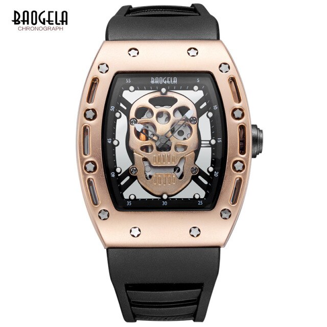 Mens Watch Luminous Black Silicone Strap Army Skull Rectangle Dial Face with Stars Quartz Watches BGL1612G-2