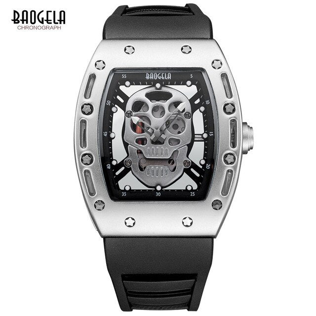 Mens Watch Luminous Black Silicone Strap Army Skull Rectangle Dial Face with Stars Quartz Watches BGL1612G-2