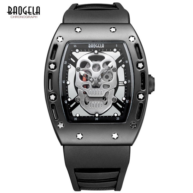 Mens Watch Luminous Black Silicone Strap Army Skull Rectangle Dial Face with Stars Quartz Watches BGL1612G-2