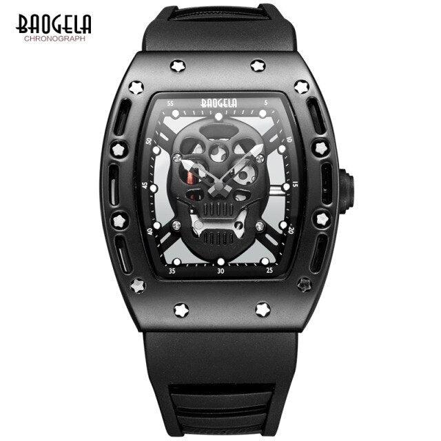 Mens Watch Luminous Black Silicone Strap Army Skull Rectangle Dial Face with Stars Quartz Watches BGL1612G-2