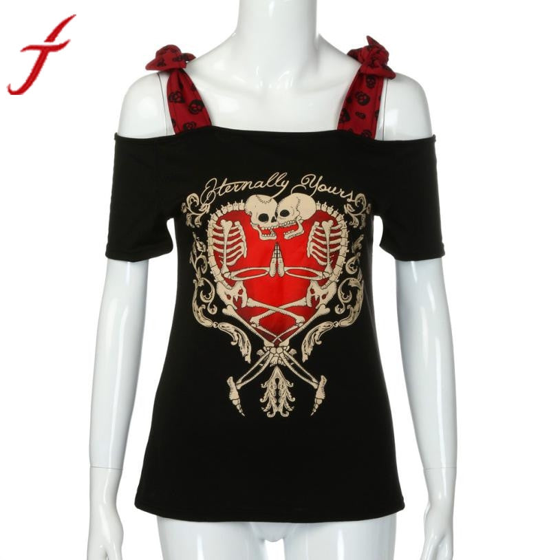 Skull Printed T-shirt Fashion Women Off Shoulder Neckline Bandages Cotton Blusa Short Sleeve Sexy Black Shirt