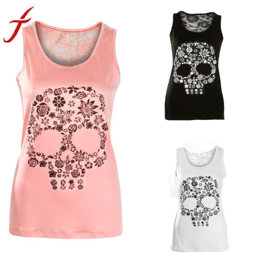 Skull Print T Shirt 2017 Summer Elegant Women Sexy Lace Hollow Out Back Pink White Sleeveless Tank Tops