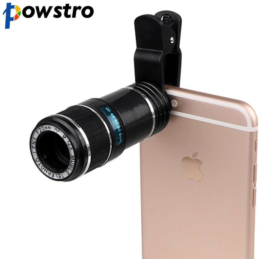 POWSTRO 12X Zoom Mobile Phone Lens Telescope Camera Lens Clip-on For iPhone 7 X 6S plus For Samsung S7 For Xiaomi Smartphones