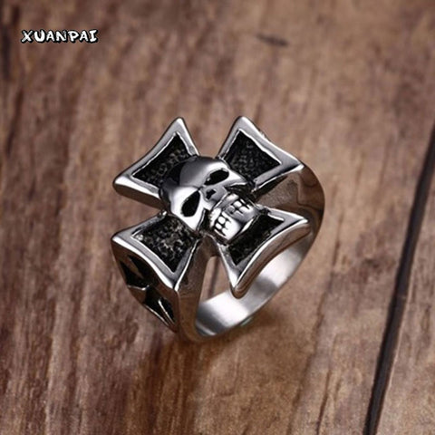 Male Silver Tone Stainless Steel Iron Cross with Skull Ring For Men Gothic Punk Rock Party Biker Jewelry Black Silver Size 7-12