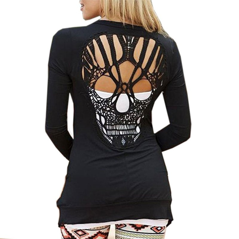 Fashion Women's Long Sleeve Skull Backless  Casual Jumper T Shirt